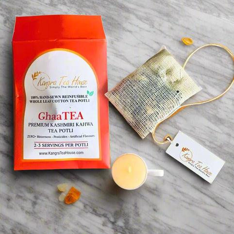 Kashmiri Kahwa with Saffron & Almond - 100% Hand-Sewn Premium Cotton Tea Bags (GhaaTEA Pack of 6 Reinfusible Potlis)