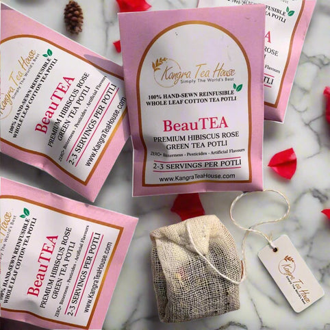 100% Hand-Sewn Premium Rose Green Tea Bags (BeauTEA Pack of 6 Reinfusible Potlis)