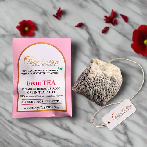 100% Hand-Sewn Premium Rose Green Tea Bags (BeauTEA Pack of 6 Reinfusible Potlis)