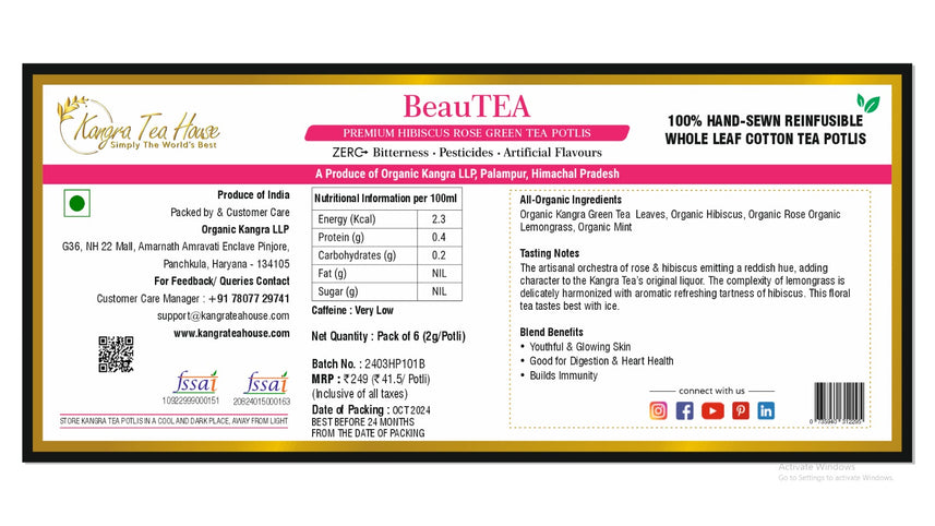 100% Hand-Sewn Premium Rose Green Tea Bags (BeauTEA Pack of 6 Reinfusible Potlis)