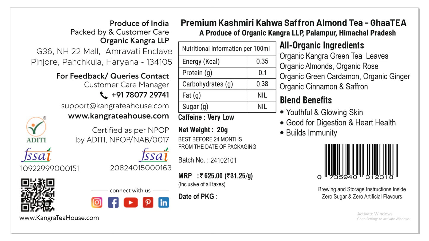 Artisanal Handcrafted Organic Kashmiri Kahwa Saffron Almond Tea with Spices - KTH GhaaTEA